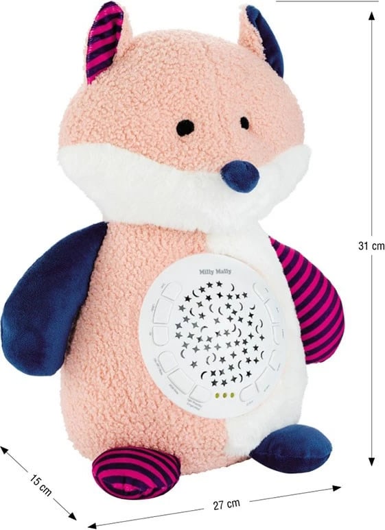 lodër pelushi me projektor, Milly Mally, dhelpër, 10 ninulla & 5 zhurma të bardha, timer 30/60/90 min, multingjyrës