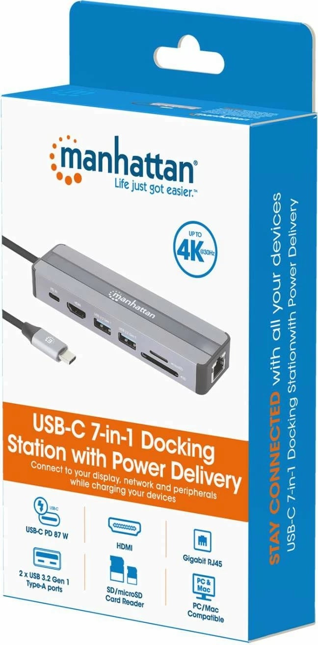 Docking station MANHATTAN 7-in-1, HDMI, RJ45, 2xUSB-A, SD/MicroSD, gri