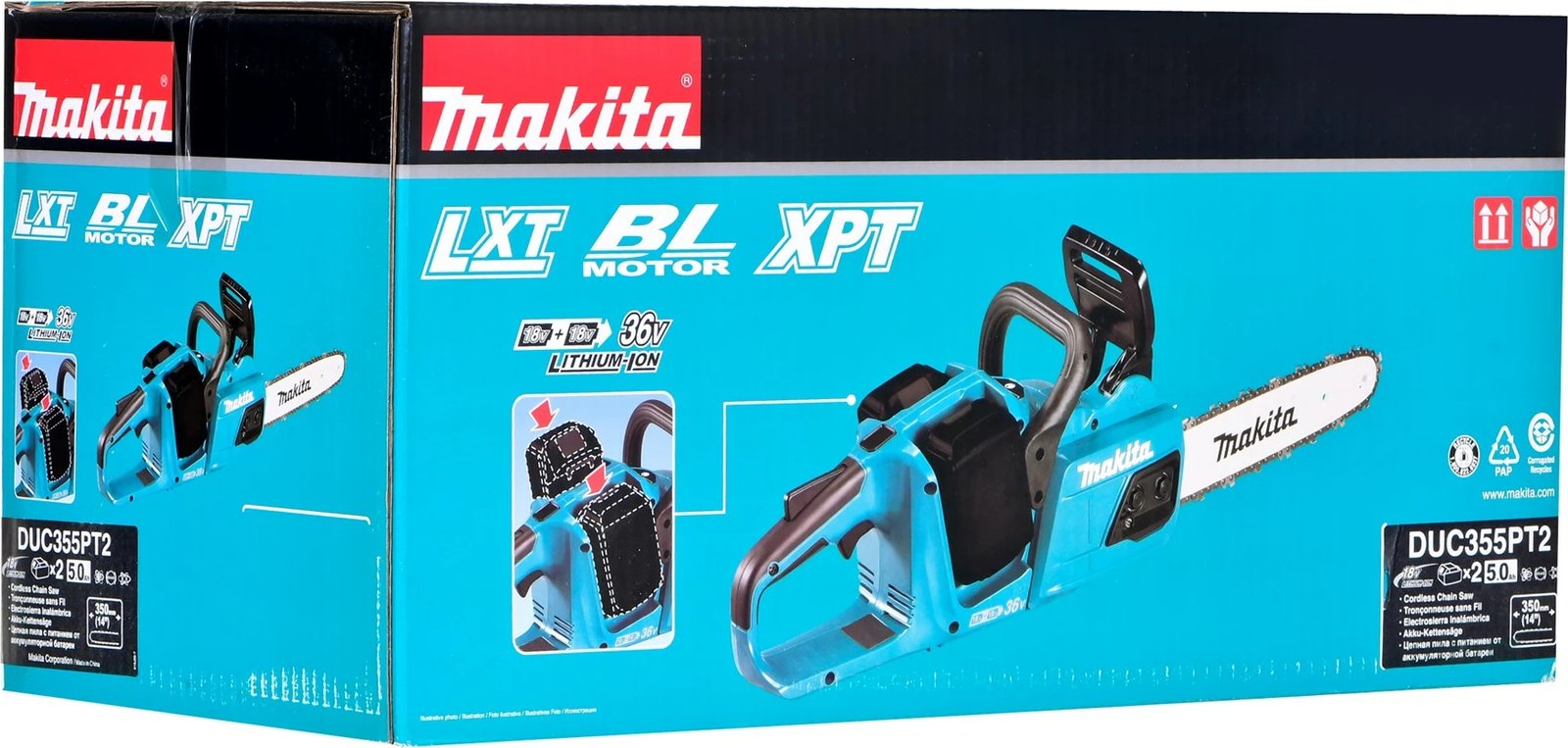 Sharrë me zinxhir MAKITA DUC355PT2, 2x18V, 35cm, 2x5.0Ah, e zezë