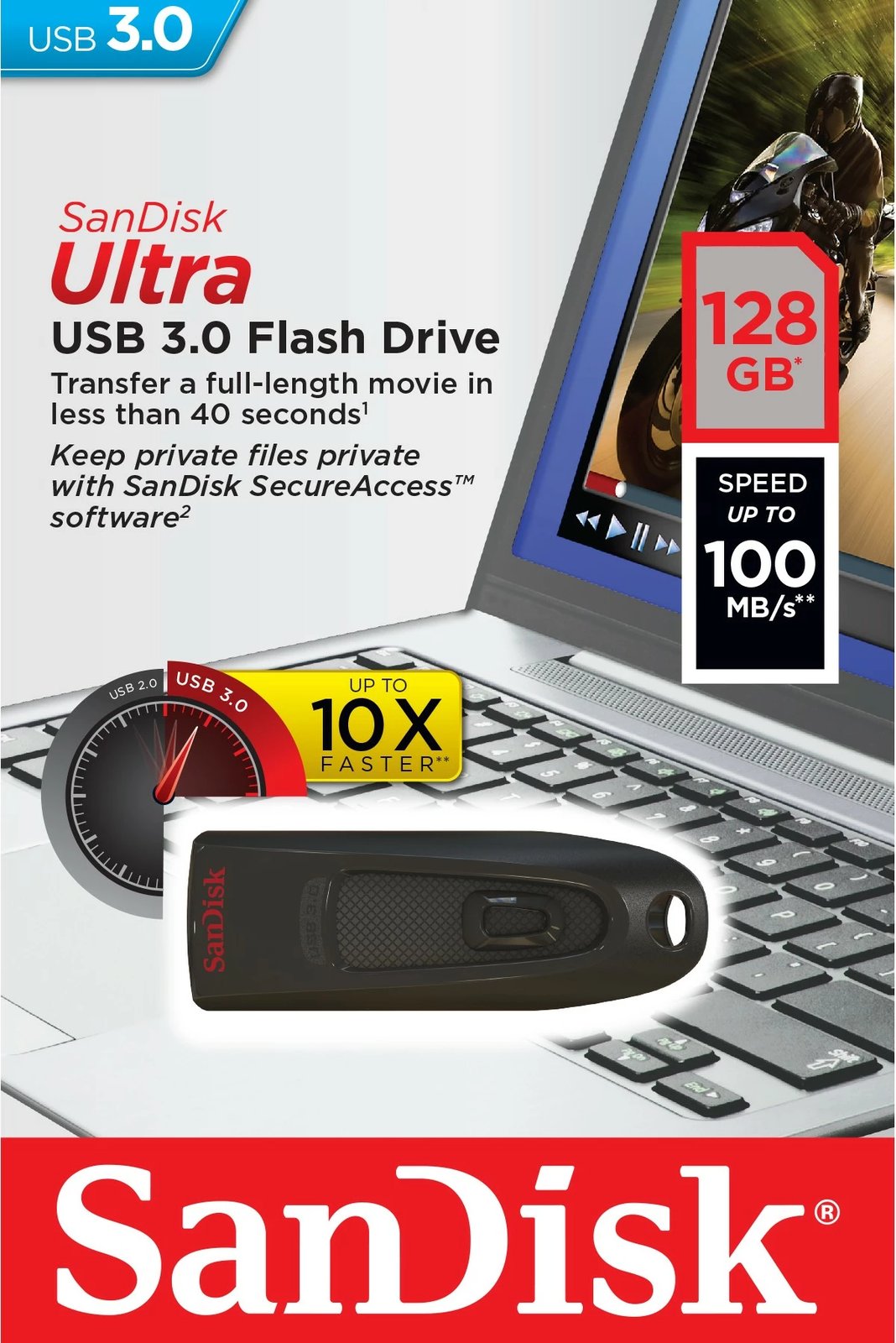 USB SanDisk Ultra, 128 GB, USB Type-A, 3.2 Gen 1, 100 MB/s, Slide, Black