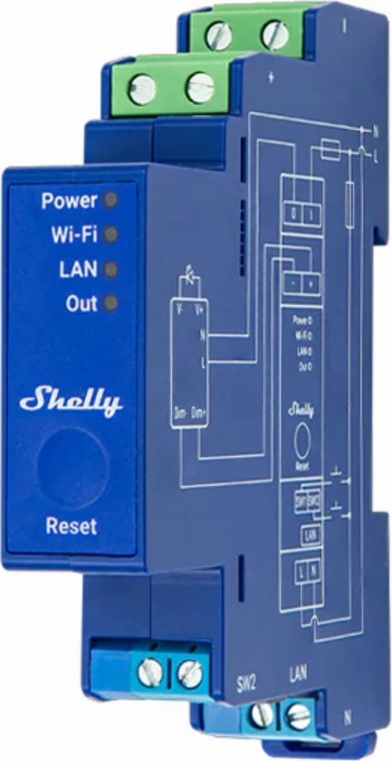 Dimmer Shelly Pro Dimmer 0/1-10V PM, smart, Wi-Fi LAN BT, i kaltërt
