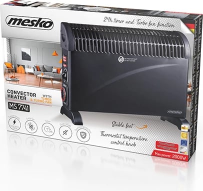 Ngrohës konvektor, Adler, MS 7741, 2000W, 3 nivele, termostat dhe timer 24h, Turbo fan, i zi