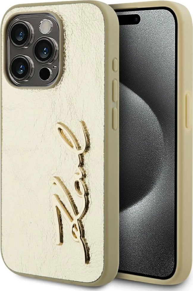 Mbështjellës Karl Lagerfeld Wrinkled Metal Signature për iPhone 15 Pro Max, Gold