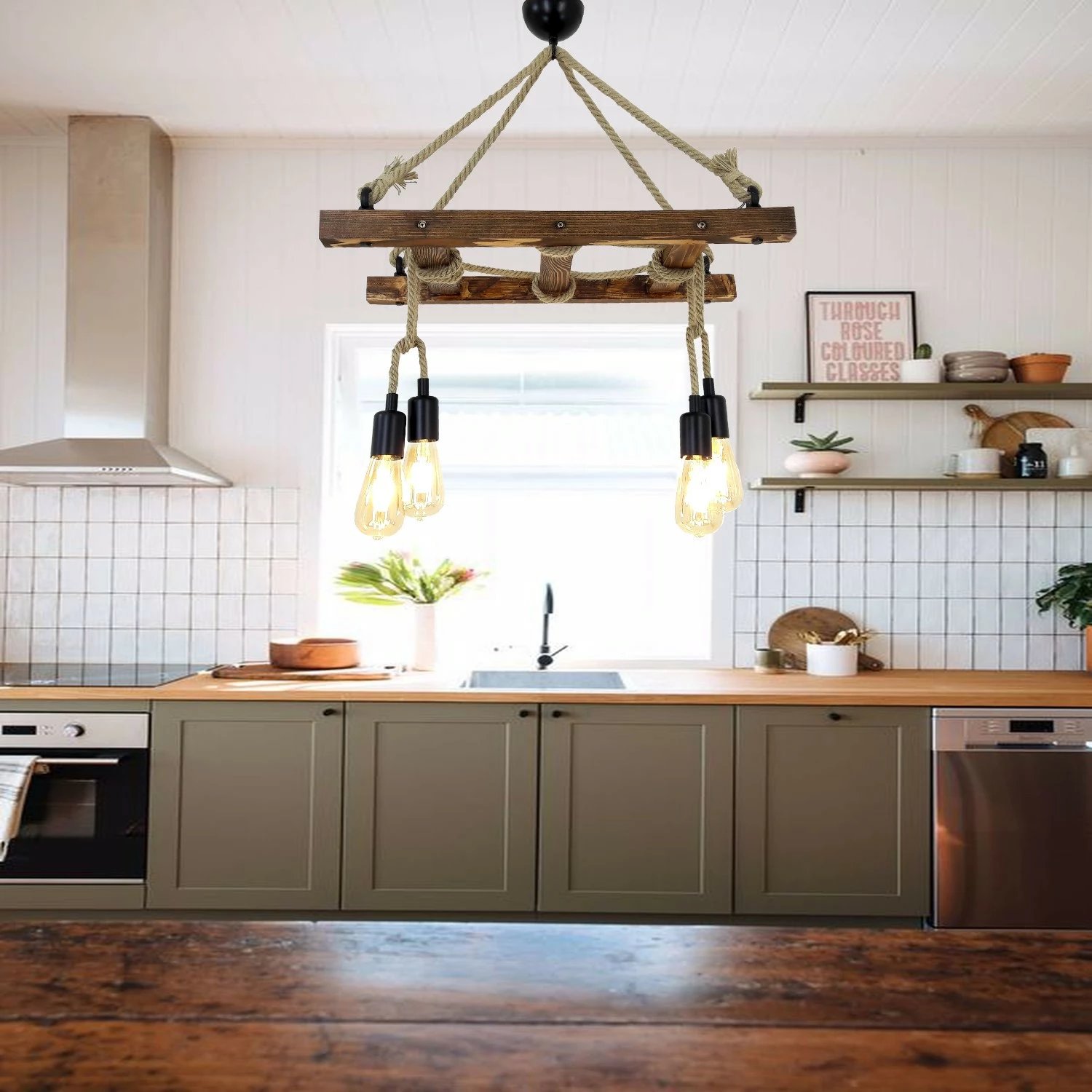 Llambë tavani Opviq, dru i fortë pis, ngjyrë arre, Merdiven Halat 3