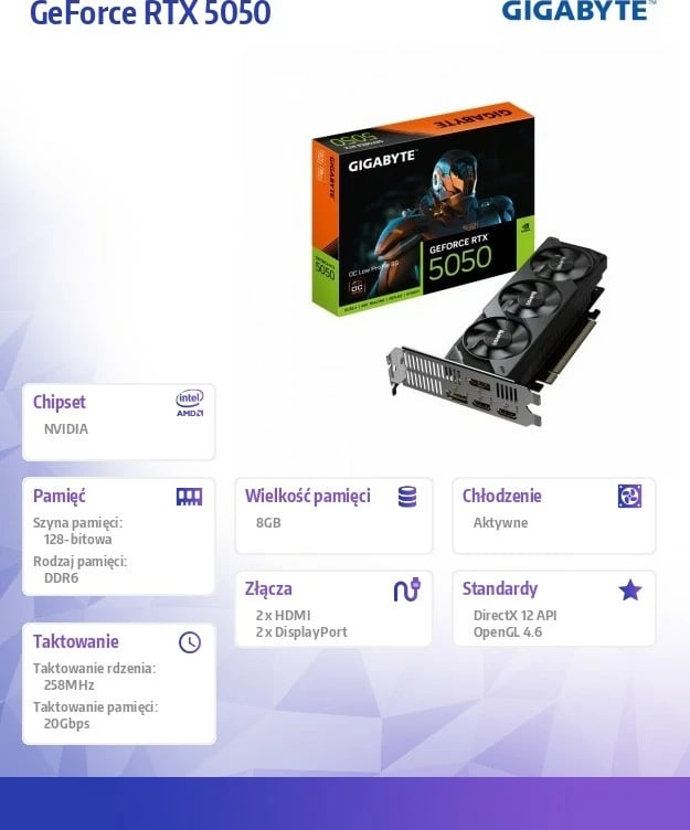 Kartelë grafike Gigabyte GeForce RTX 5050 Low Profile OC, 8GB GDDR6, 128-bit, 3 ventilatorë