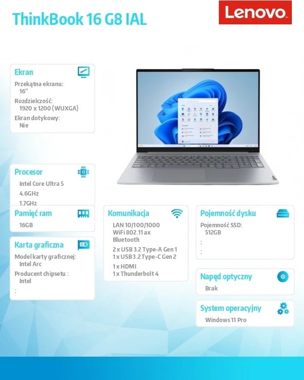 laptop Lenovo ThinkBook 16 G8 IAL 21SK00JPPB, Intel Core Ultra 5 135H, 16GB RAM, 512GB SSD, 16\" WUXGA, Windows 11 Pro, gri arktik