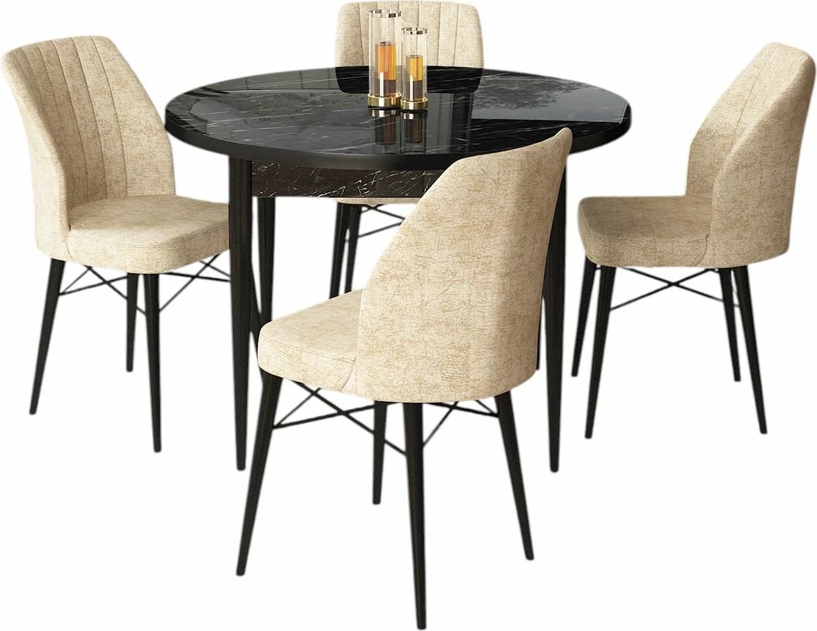 Tavolinë me karrige, 5 copë, Skye Decor Rox, mermer i zi, krem