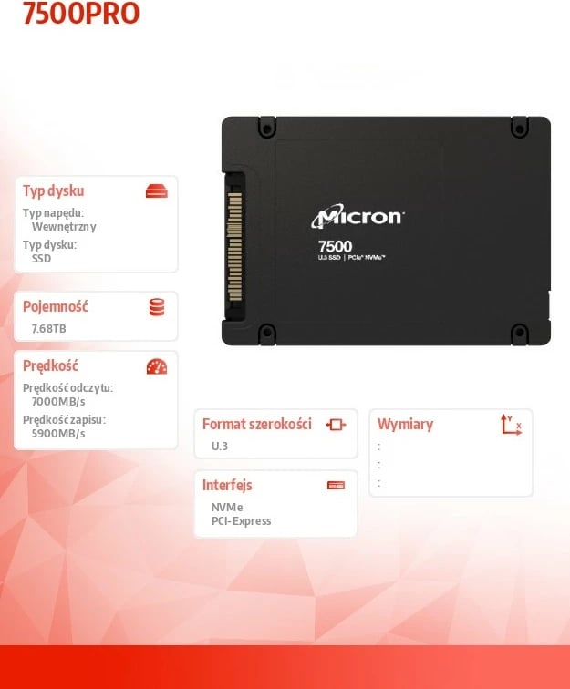 SSD Micron 7500PRO, 7.68TB, NVMe U.3, 15mm, i zi, Single Pack