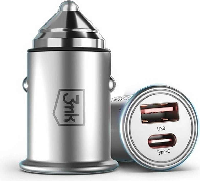 Karikues veture 3MK Hyper Car Charger 45W, 1xUSB-C + 1xUSB-A, argjendtë