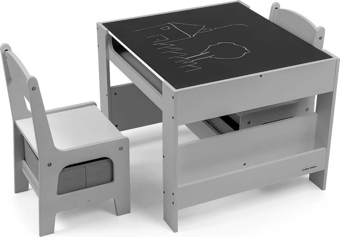 Set tavolinë me dy karrige për fëmijë Milly Mally Sven, MDF, gri/bardhë