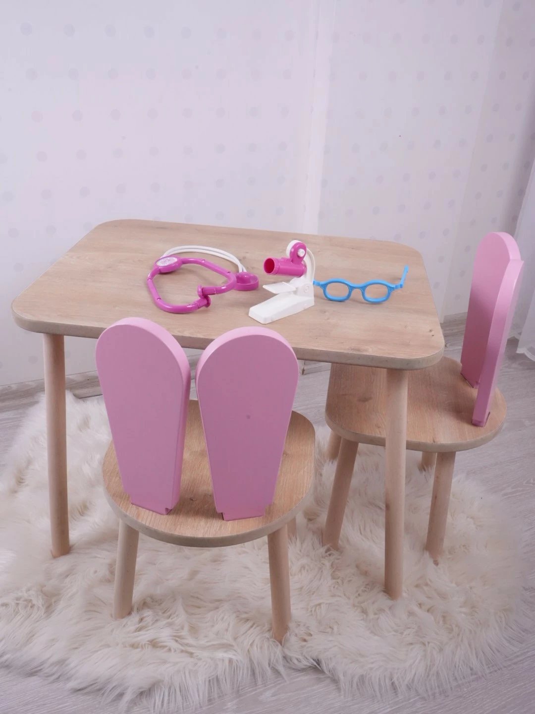 Set tavoline me dy karrige për fëmijë, Hanah Home, Bunny, rozë, kafe