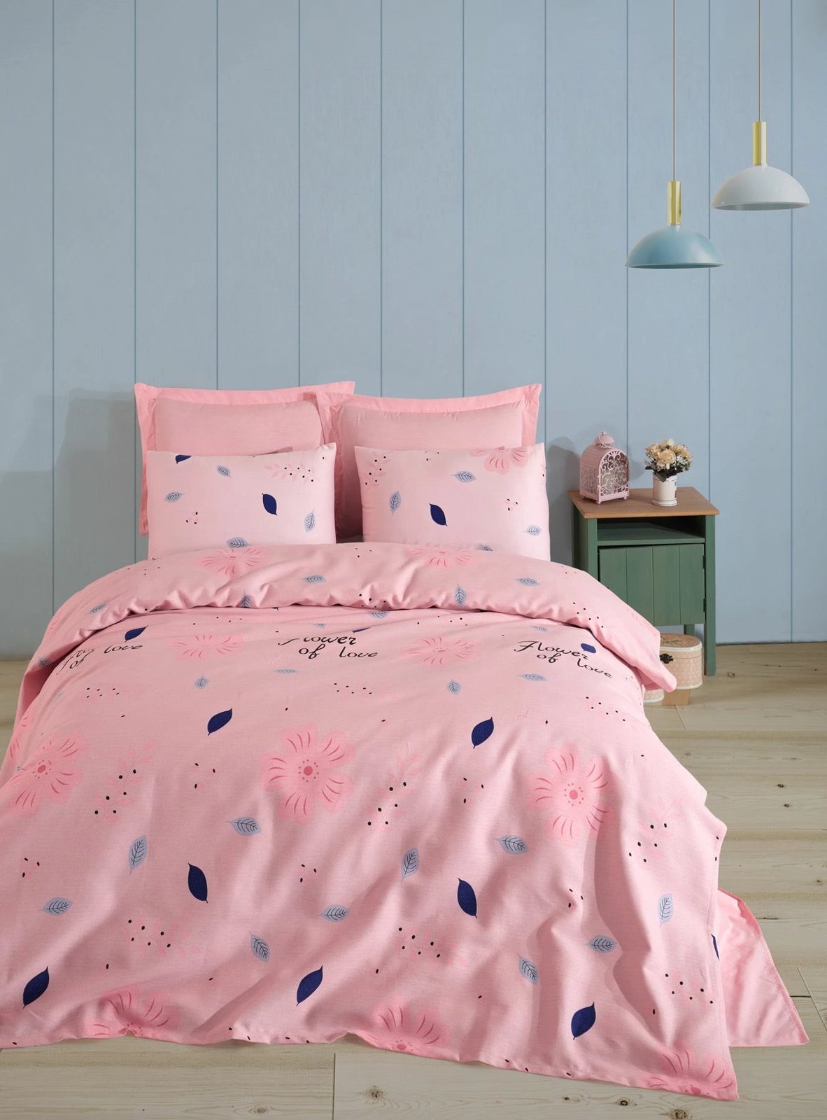 Batanije Double Pique, FlowerofLove, ngjyrë pluhur, 200x235cm