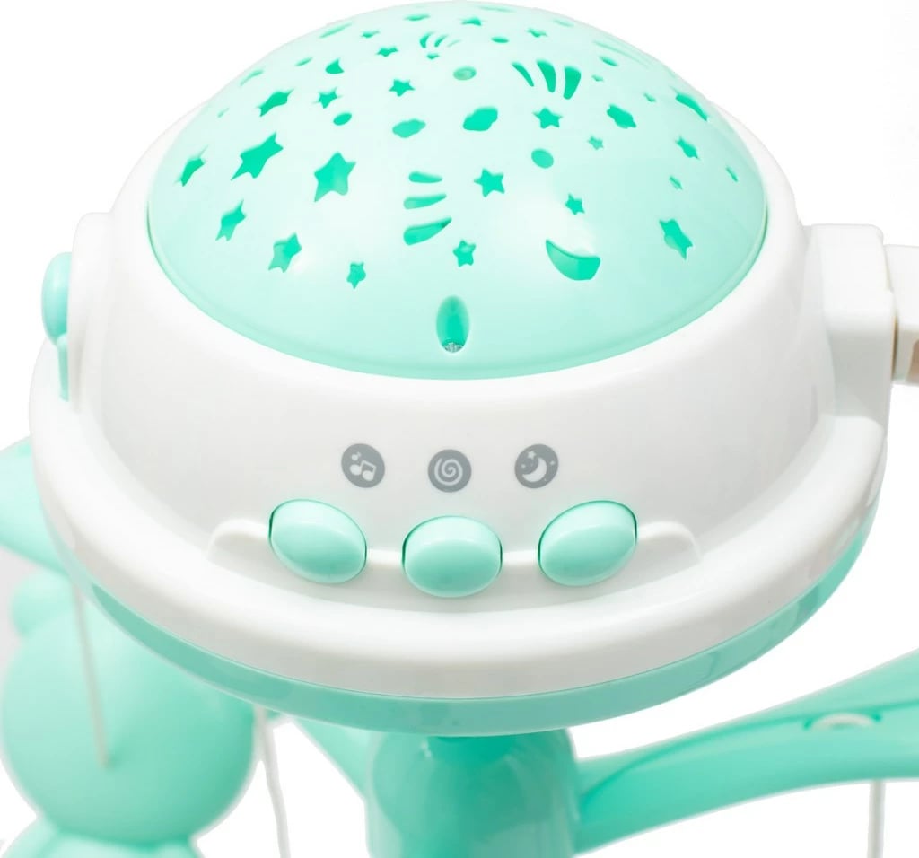 Karusel për krevat me projektor drite, Baby Mix, me melodi dhe rrotullim, figura zhurmuese, jeshile