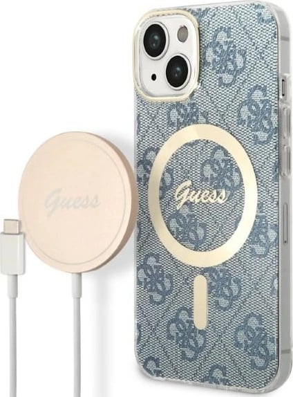 Set mbështjellës Guess GUBPP14SH4EACSB me karikues wireless për iPhone 14, 6.1", 4G Print, MagSafe, blu