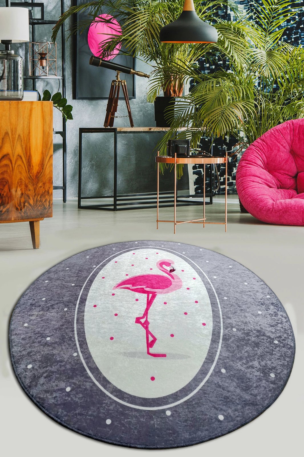 Qilim rrumbullak, 100 cm, dizajn flamingo, shumëngjyrësh, Conceptum Hypnose Chıle Flamıngo