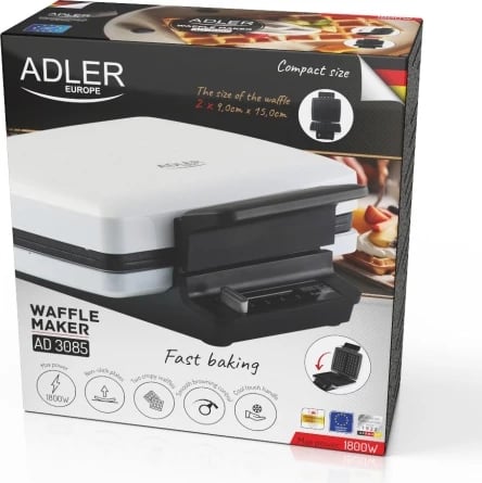 Aparat waffle, Adler AD 3085, 1200-1800W, pllaka jo-ngjitëse, kontroll temperature, 2x 9x15 cm, e bardhë