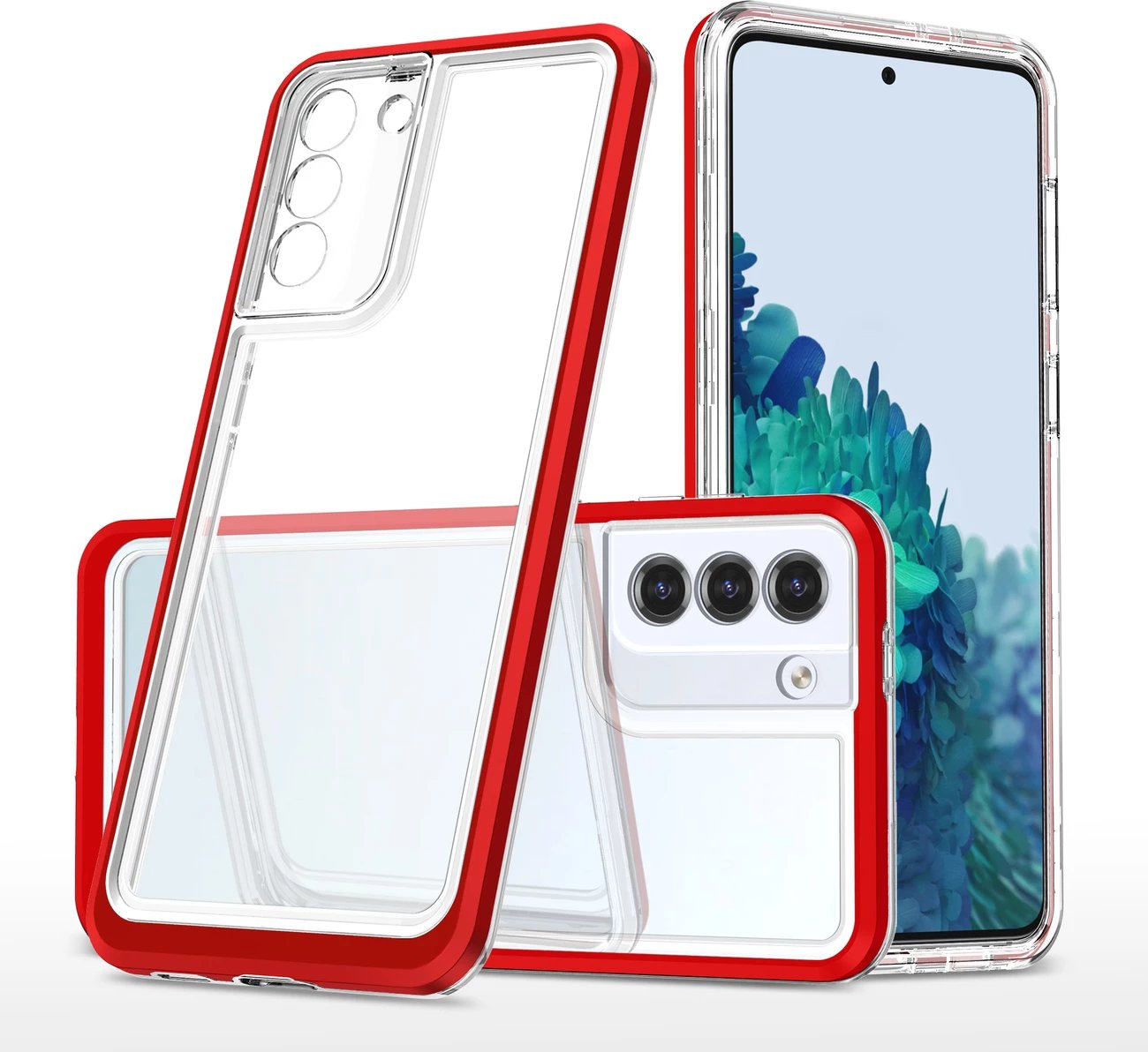 Mbështjellës Hurtel Clear 3in1 për Samsung Galaxy S23, i tejdukshëm me kornizë të kuqe