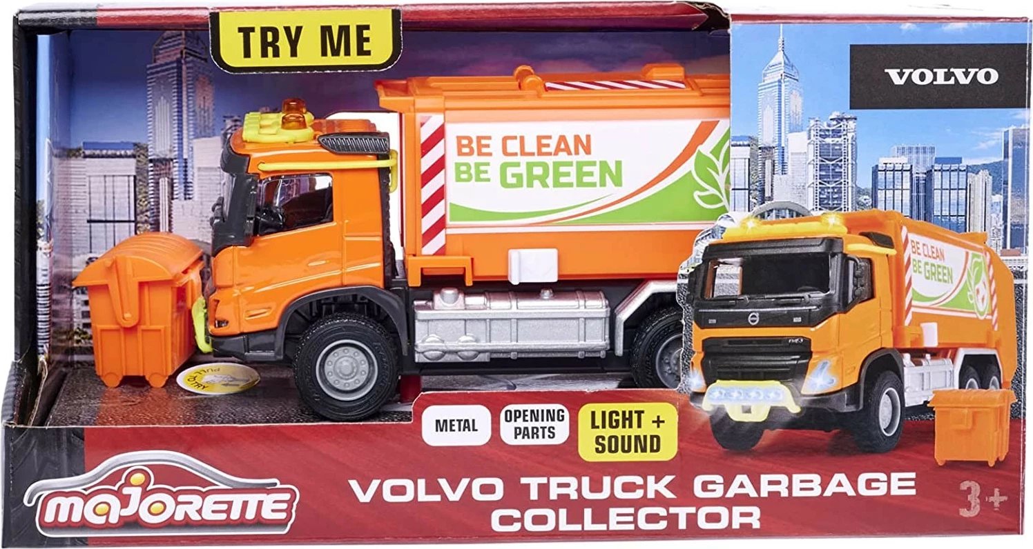 Kamion mbeturinash lodër Majorette Volvo Grand, 19 cm, portokalli, me drita dhe zë