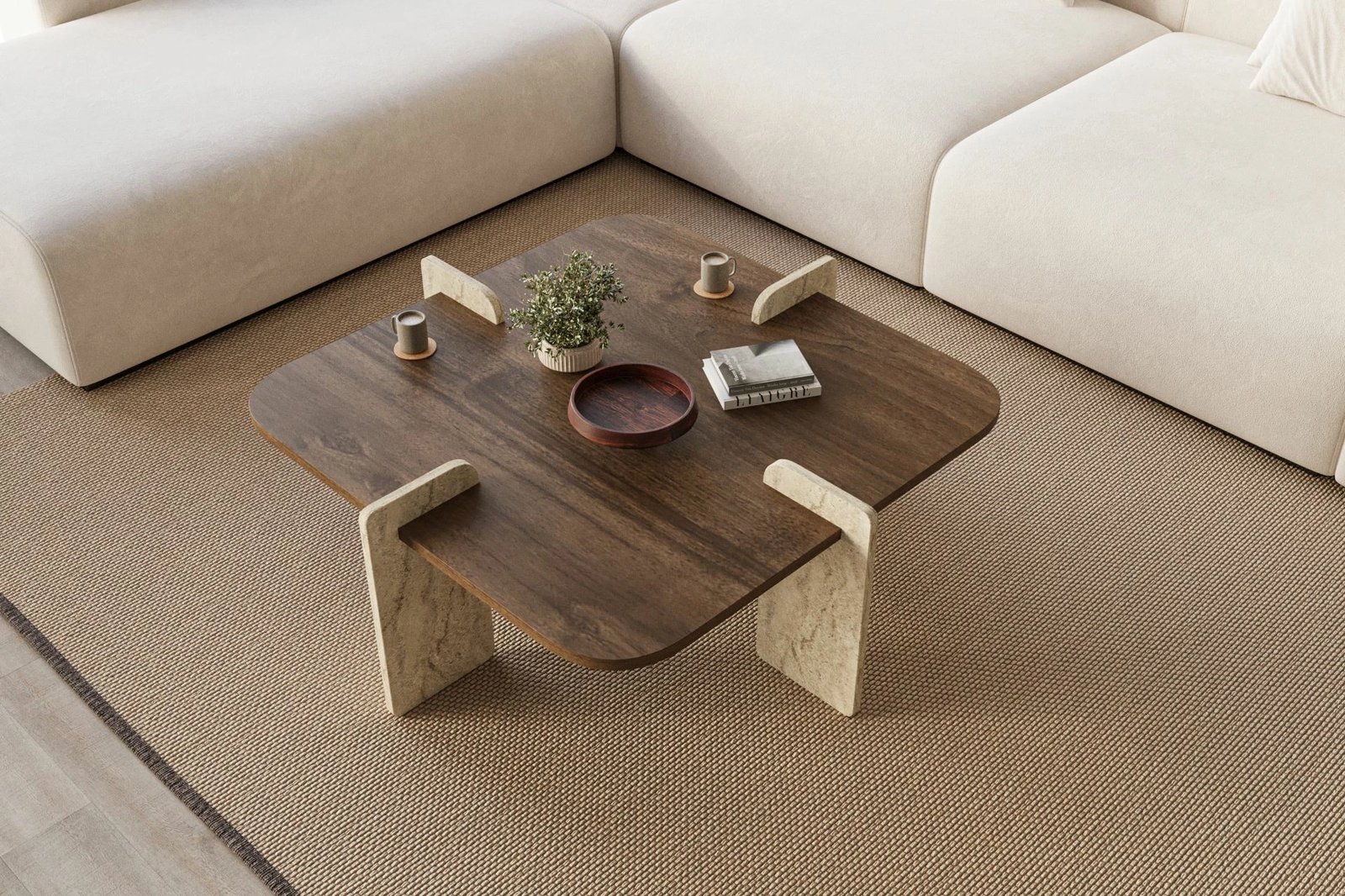 Tavolinë kafeje Skye Decor, Poalla, ngjyrë arrë dhe travertin