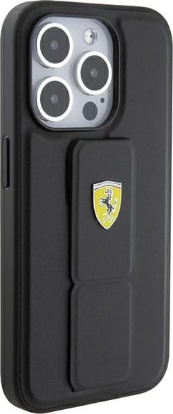 Mbështjellës Ferrari Grip Stand Metal Logo për iPhone 15 Pro Max, i zi