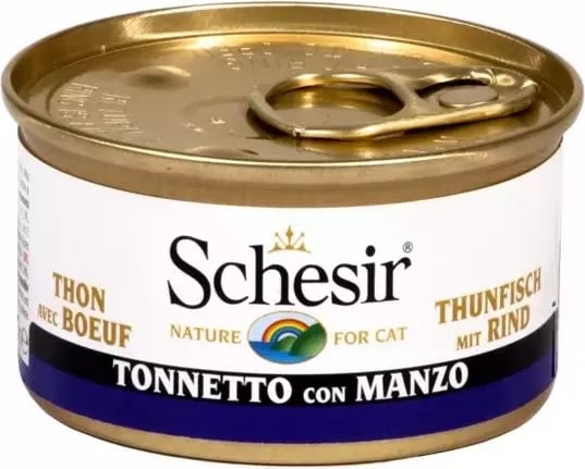 Ushqim për mace Schesir, me tuna dhe fileto viçi, 85 gr