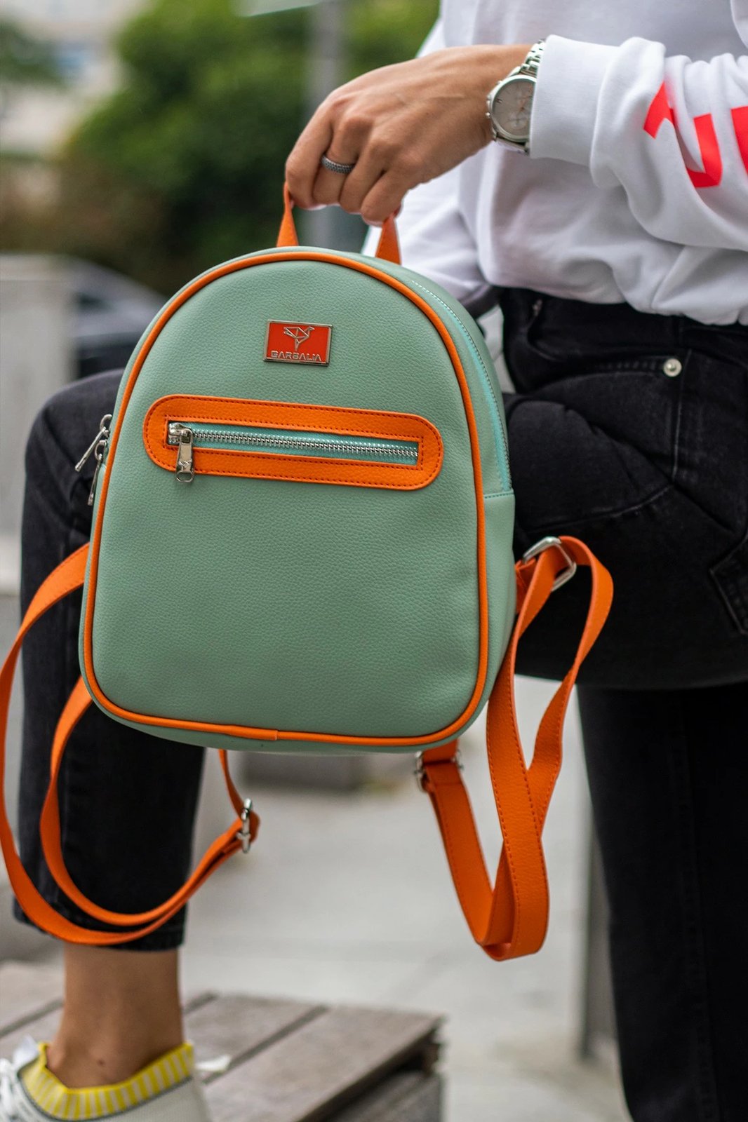 Çantë shpine Zoozie Bags Oslo, ngjyrë mint dhe portokalli