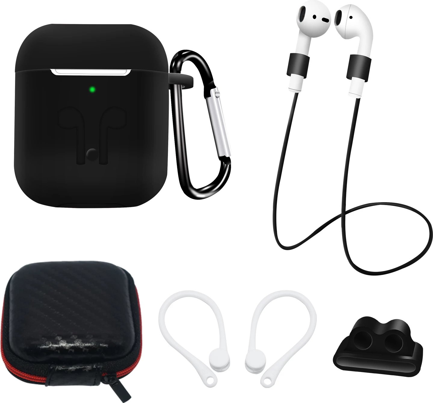 Set mbështjellës silikoni për AirPods 1/2 Hurtel, me karabiner, rrip qafe, mbajtëse për orë, kllapa për veshë, zi