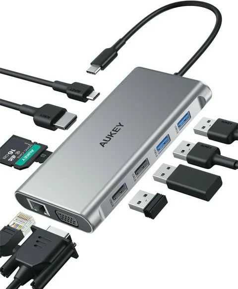 Kasë AUKEY CB-C89, 10-në-1, USB-C, HDMI 4K, RJ45, SD/microSD, 100W, Argjendtë