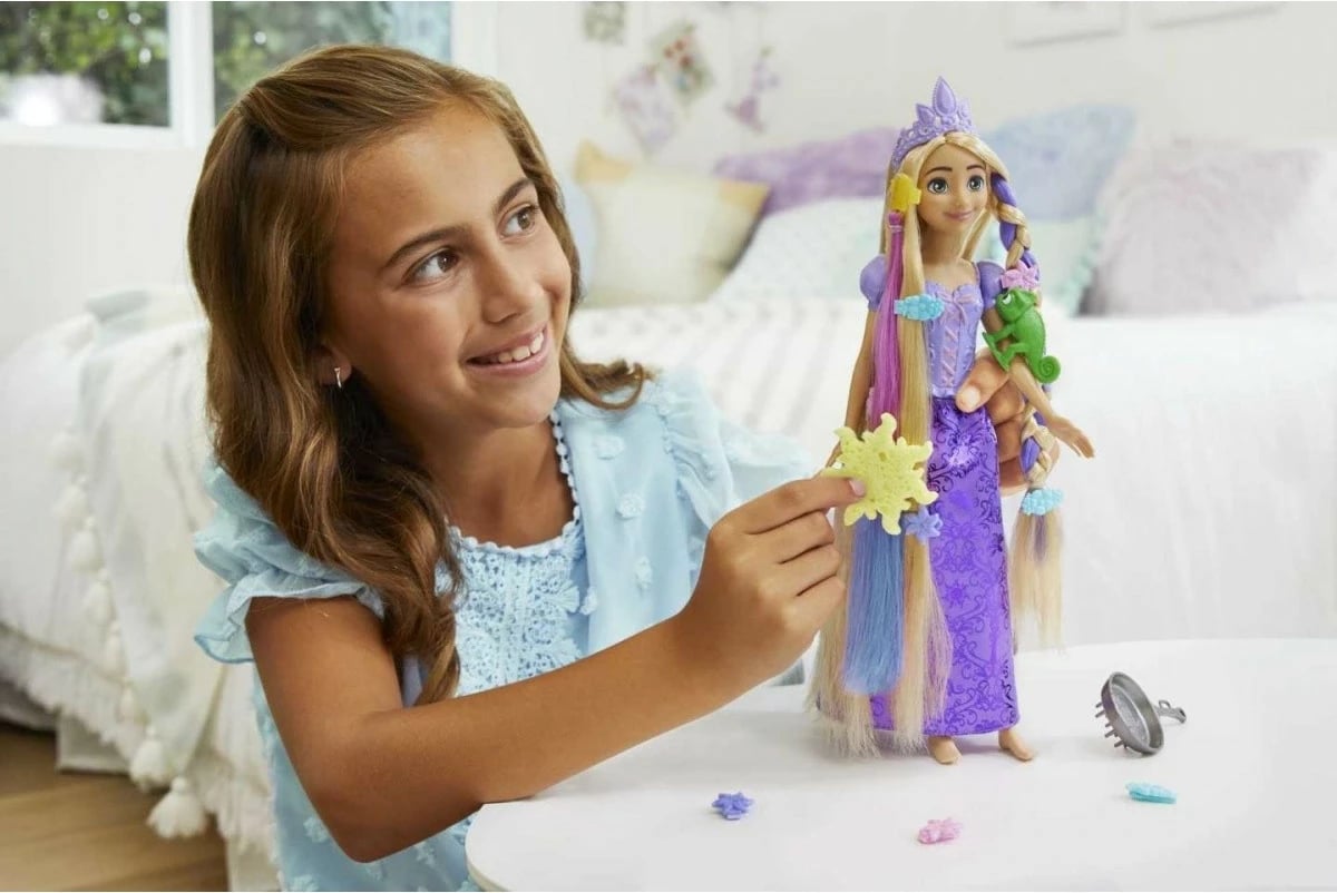 Kukull Disney Princess Rapunzel Mattel HLW18 me flokë shumë të gjatë, me aksesorë, vjollcë, set