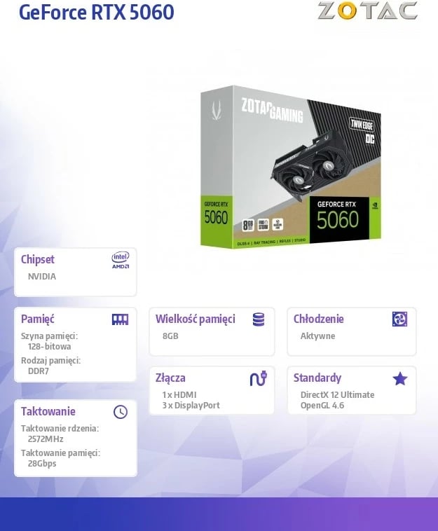 Kartë grafike, ZOTAC, GeForce RTX 5060 Twin Edge OC, 8GB GDDR7, 128-bit, 3x DisplayPort/HDMI