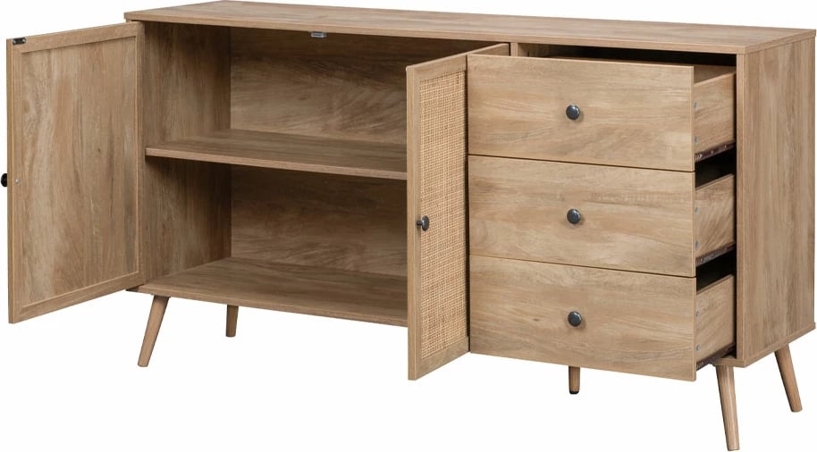 Komodë Ammos me 3 sirtarë, natyrale me ratan, 150x39x79