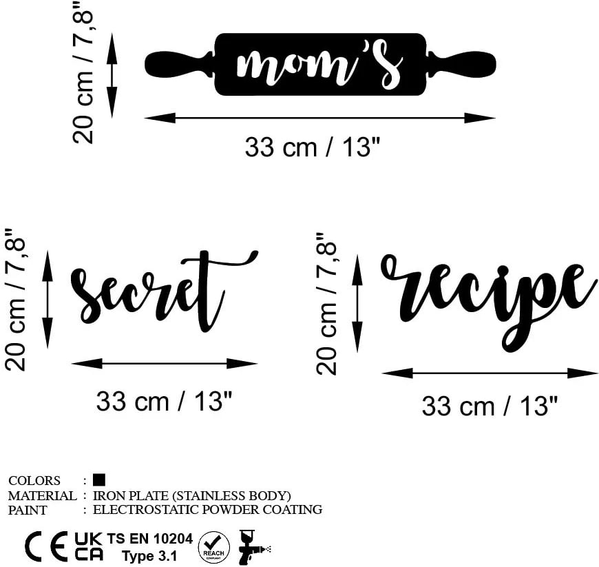 Aksesor dekorativ metalik për mur, receta sekrete e nanës, 3 copë