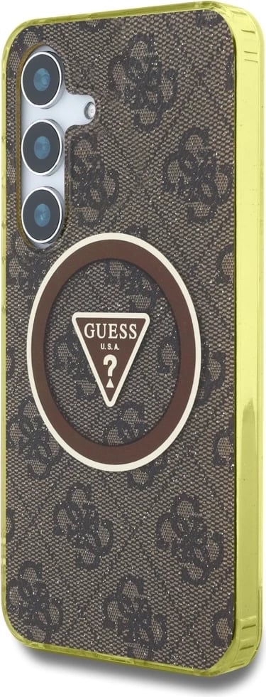 Mbështjellës Guess 4G Glitter Triangle Buttons MagSafe për Samsung Galaxy S25, Kafe Mbështjellës Guess 4G Glitter Triangle Buttons MagSafe për Samsung Galaxy S25, Kafe