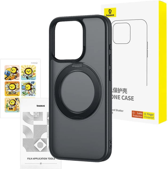 Mbështjellës Baseus SkyRing Magnetic për iPhone 15 Pro, me mbajtëse, xham të temperuar dhe set pastrimi, zi