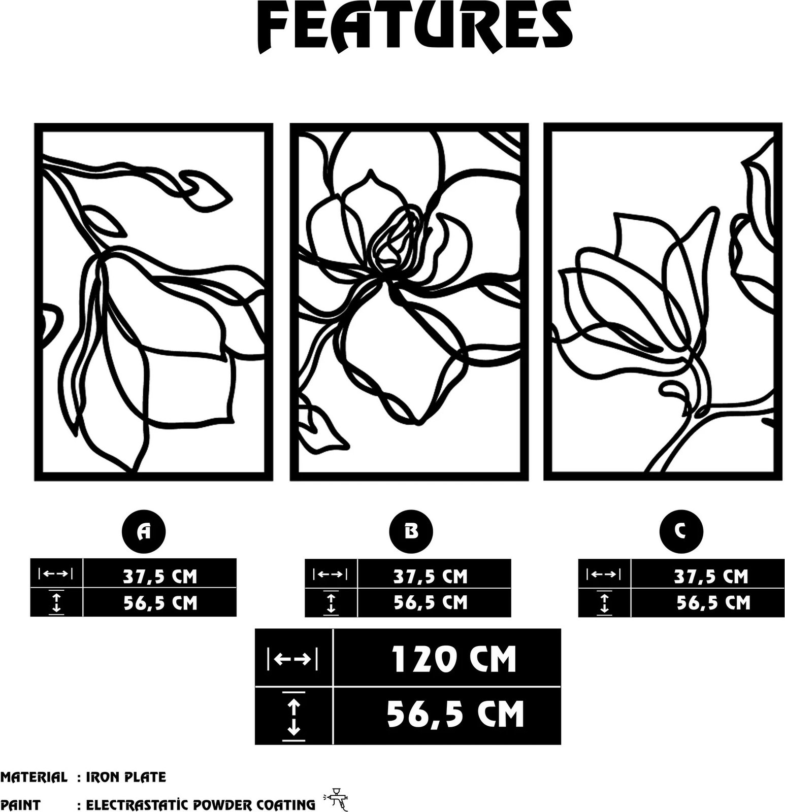 Aksesor dekorativ metalik për mur, Wallity Adda, ngjyrë e zezë, 120x56.5cm