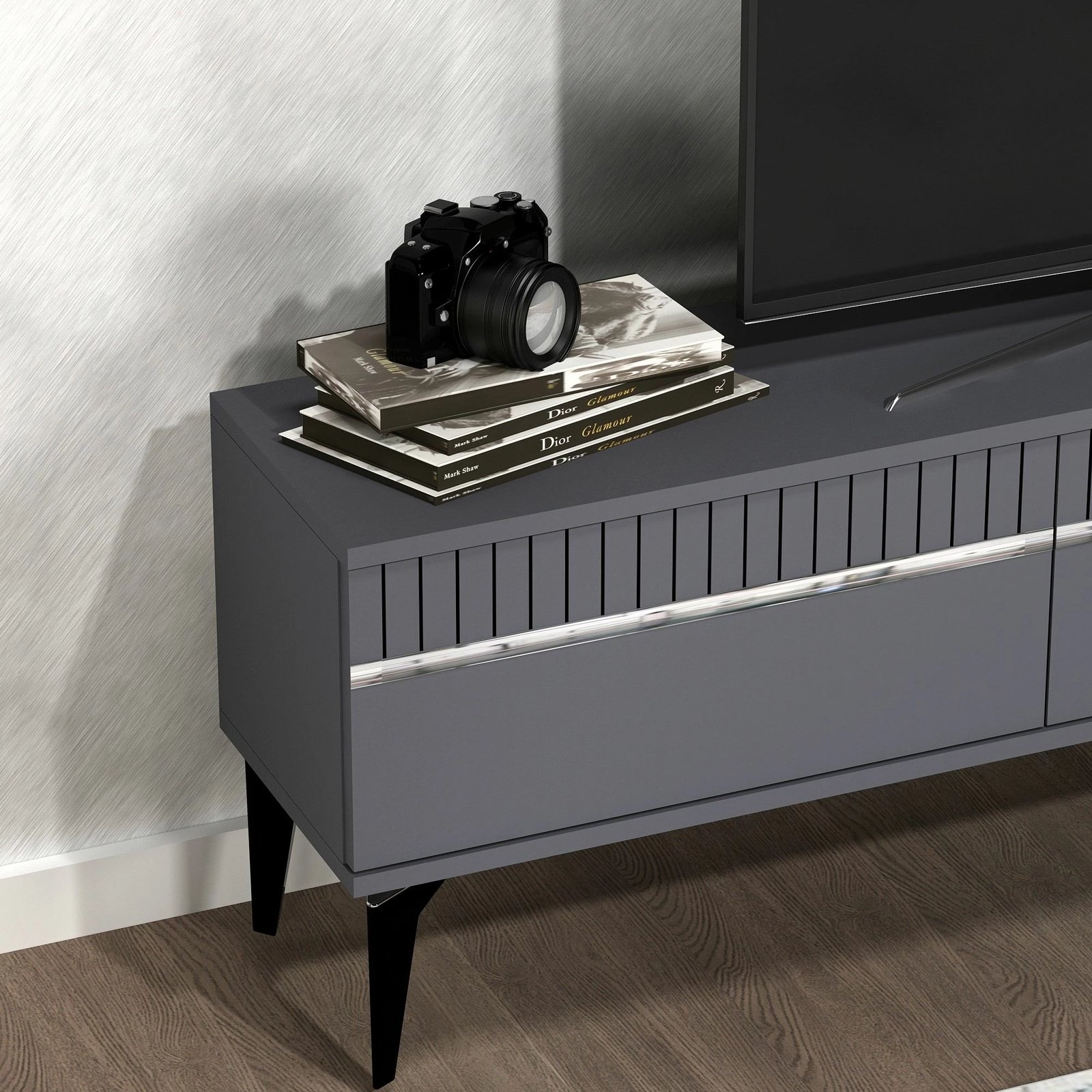 Komodë TV Skye Decor, ngjyrë antracit dhe argjendi, Defne