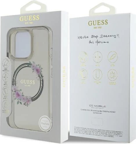 Mbështjellës Guess Flowers Wreath MagSafe për iPhone 16 Pro, 6.3", i zi Mbështjellës Guess Flowers Wreath MagSafe për iPhone 16 Pro, 6.3", i zi