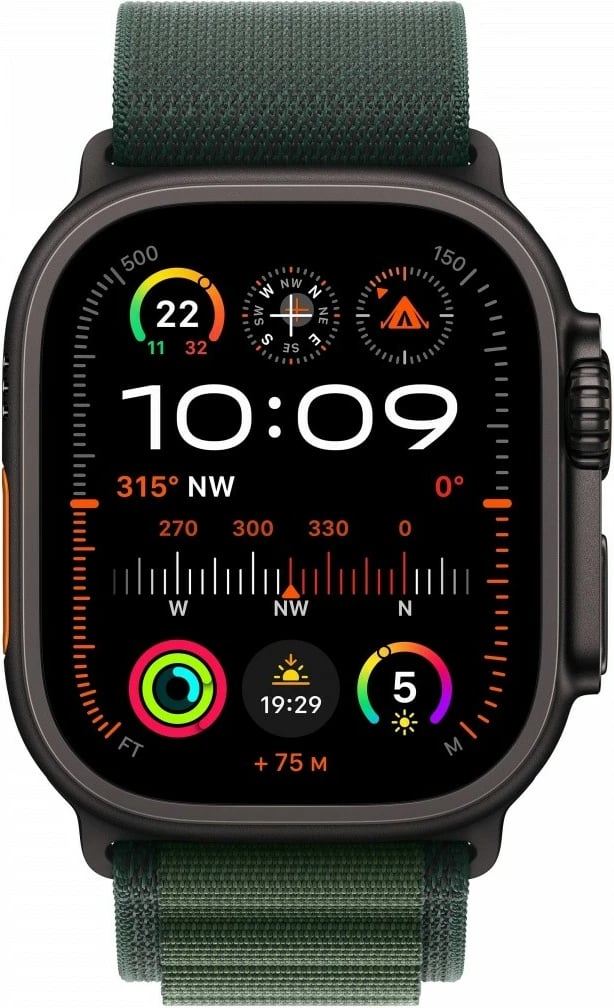 Smartwatch Apple Watch Ultra 2, 49 mm, titani, GPS + Cellular, Alpine M, e zezë/e gjelbër