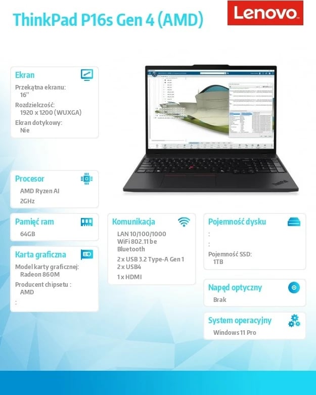 Kompjuter portabël Lenovo ThinkPad P16s Gen 4, AMD Ryzen AI 7 PRO 350, 64 GB RAM, 1 TB SSD, 16" WUXGA, E zezë