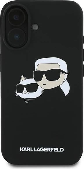 Mbështjellës Karl Lagerfeld Silicone Double Heads Print MagSafe për iPhone 16 Plus, i zi