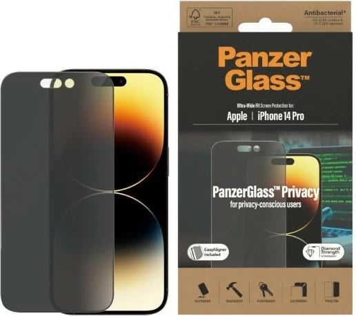 Mbrojtës ekrani PanzerGlass Ultra-Wide Fit Privacy me EasyAligner për iPhone 14 Pro, xham i temperuar, antibakterial