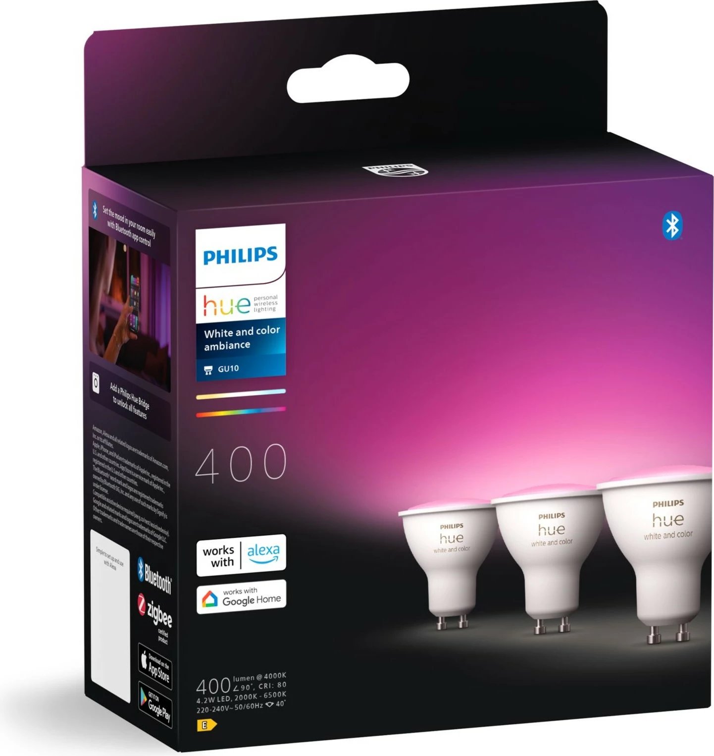 Spot GU10 Philips Hue White and Colour Ambience, 3-pack, Bluetooth/Zigbee, E bardhë