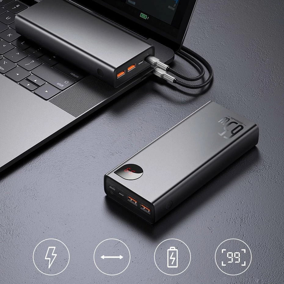 Powerbank Baseus Adaman PPIMDA-D01, 20000mAh, 65W, 2x USB-A, 1x USB-C, Ekran LCD, e zezë