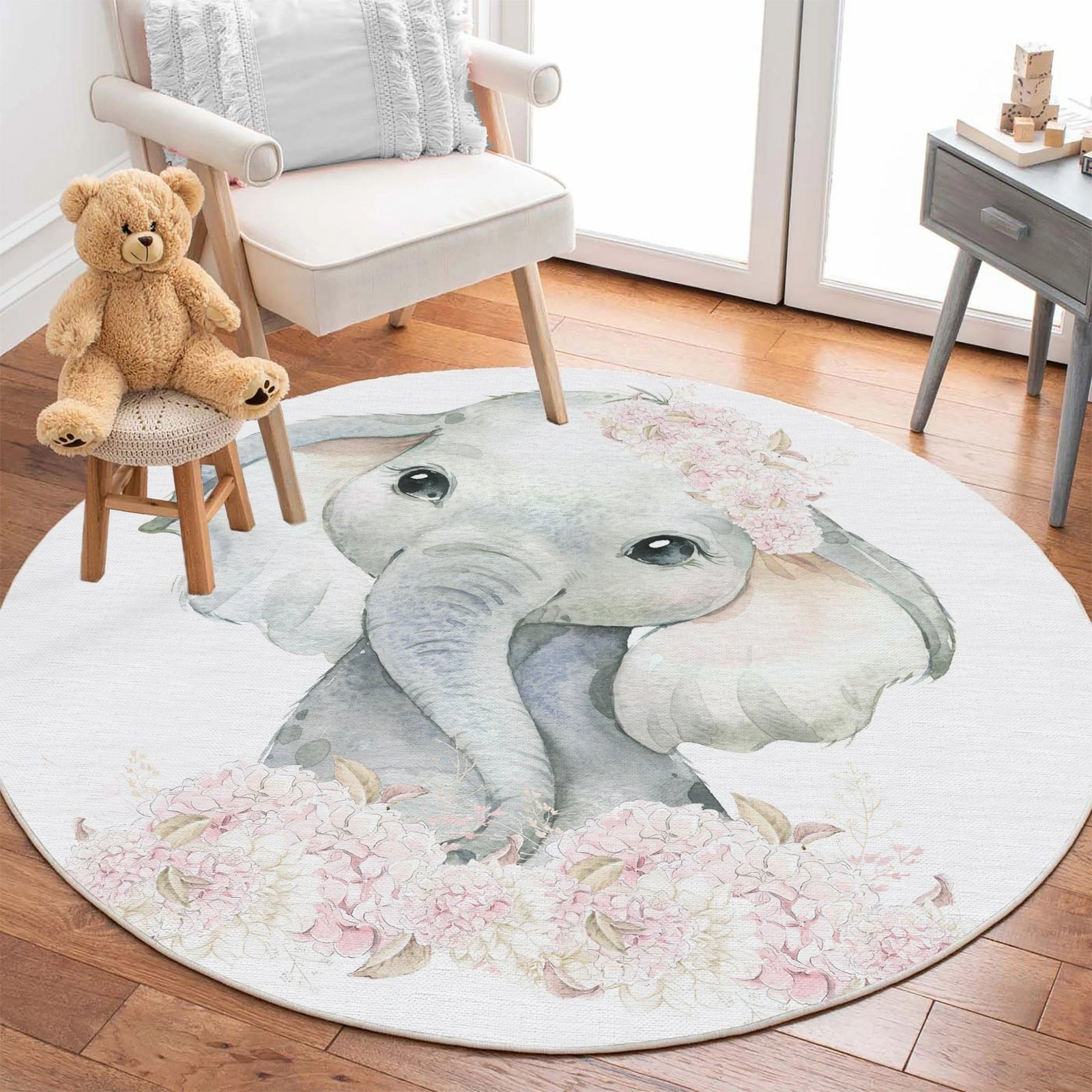 Qilim i rrumbullakët për fëmijë, dizajn elefant, Woopamuk150, 100x100cm