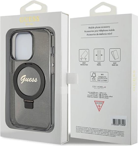 Mbështjellës Guess Ring Stand Script Glitter MagSafe për iPhone 15 Pro Max, i zi