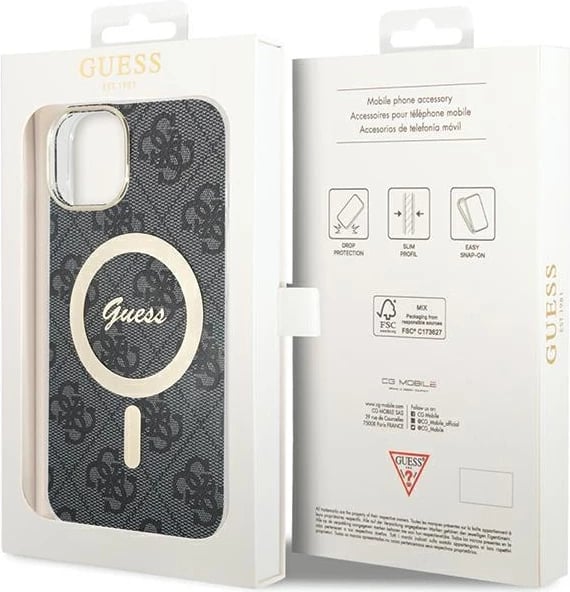 Mbështjellës Guess 4G MagSafe për iPhone 15, i zi Mbështjellës Guess 4G MagSafe për iPhone 15, i zi