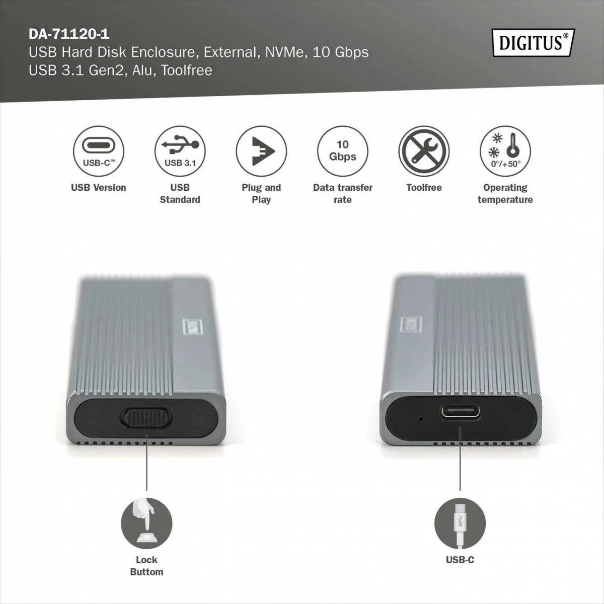 Kasë Digitus DA-71120-1 për SSD M.2 NVMe, USB 3.1 Type C, Alumini, Gri