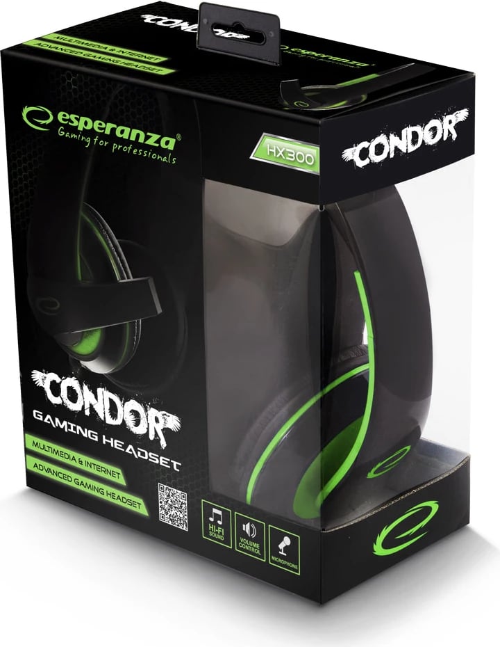 Kufje gaming me mikrofon, Esperanza CONDOR EGH300G, stereo, 2x 3.5 mm, me kontroll zëri, jeshile