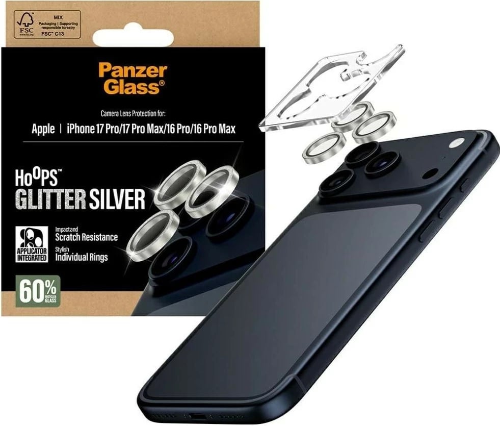 Mbështjellës PanzerGlass Hoops Glitter për kamerë iPhone 16 Pro/16 Pro Max/17 Pro/17 Pro Max, argjendtë