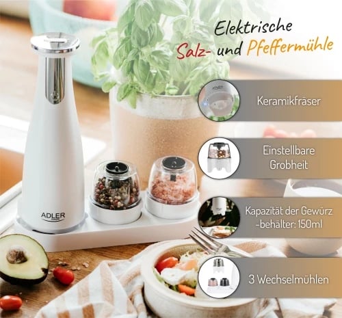 Mulli elektrik për kripë e piper, Adler AD 4449, 3 bluarsë të këmbyeshme, rregullim imtësie, 150 ml, bateri 1500mAh, USB‑C, e bardhë mat, set